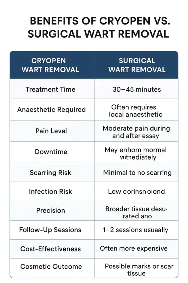 Table showing the benefits of cryopen to remove warts Chelsea compared to surgical treatment